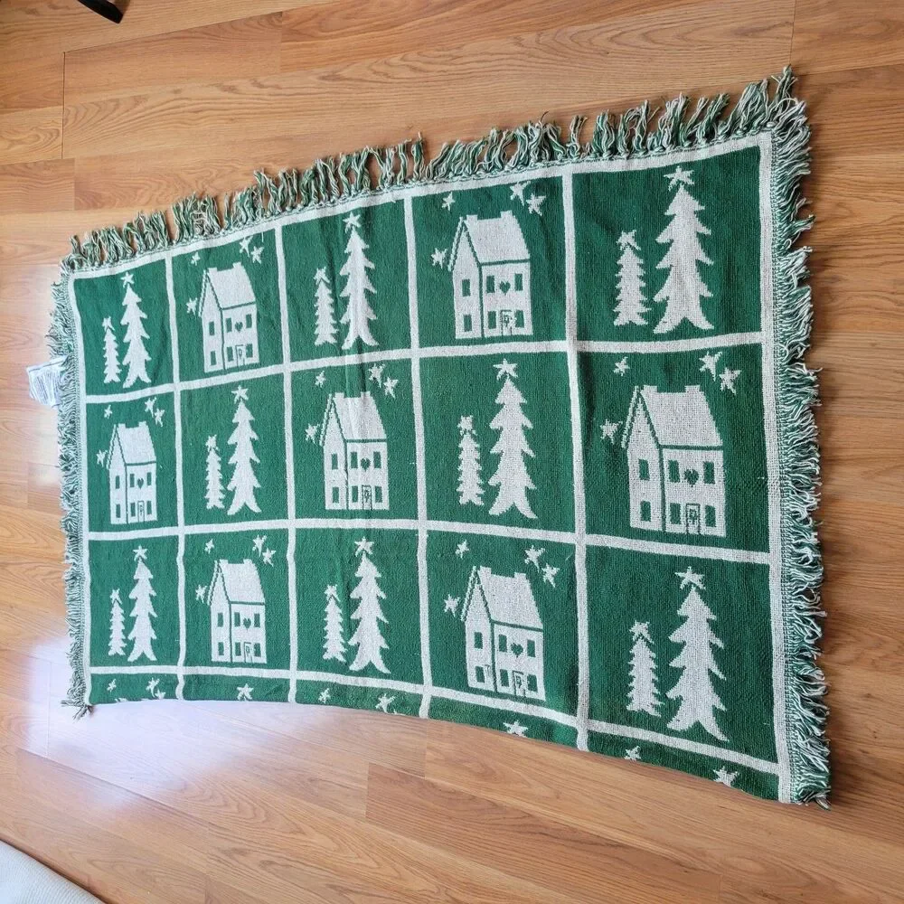 VTG Christmas Throw Blanket Woven Cotton Green White Houses Trees Reversible